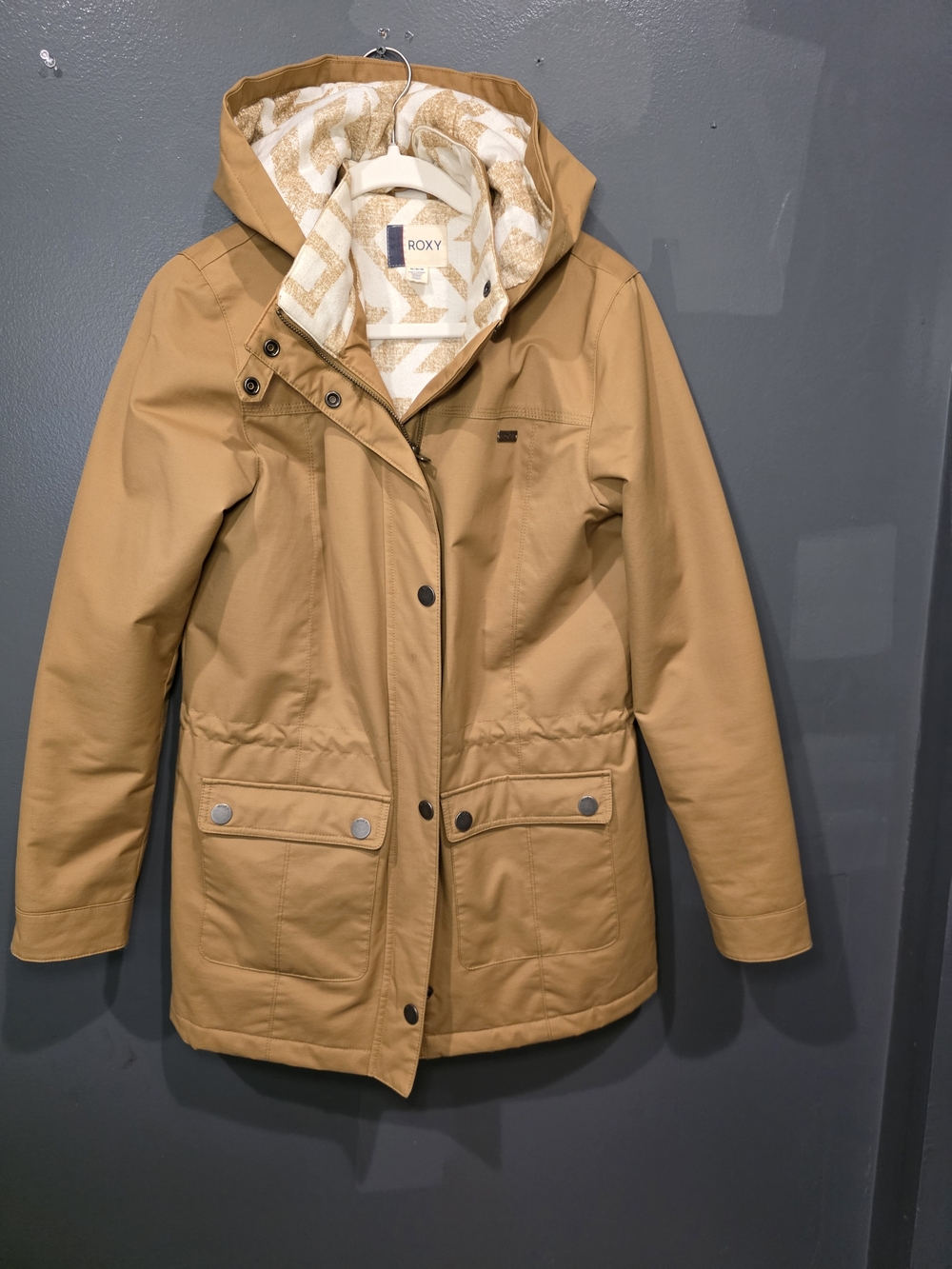 Roxy Tan Hooded Trench Coat with Patterned Lining